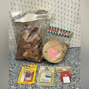 Vintage Dollhouse Miniature Wooden Table & Chairs w/ Accessories